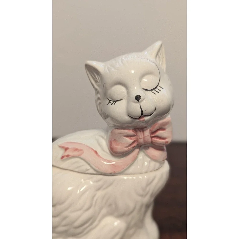 Vintage Ceramic Cat Sugar Bowl With Lid MCM White Pink Bow Novelty 5in